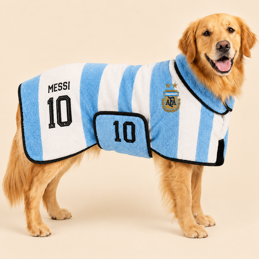 Argentina Messi #10 Dog Bathrobe – Ultra Absorbent Coral Fleece Pet Drying Coat