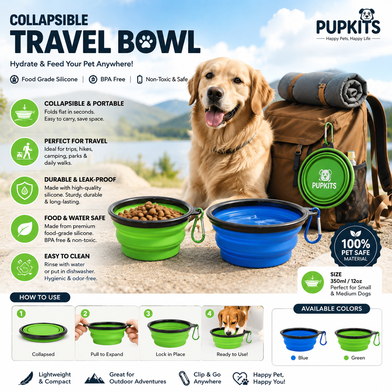 PUPKITS™ Collapsible Travel Bowl for Dogs & Cats